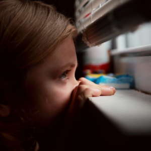 A child peeking through a window