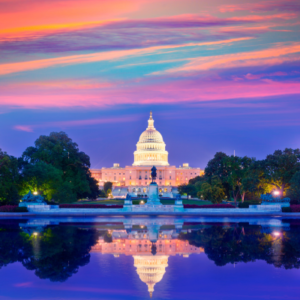The United States Capitol building at sunset