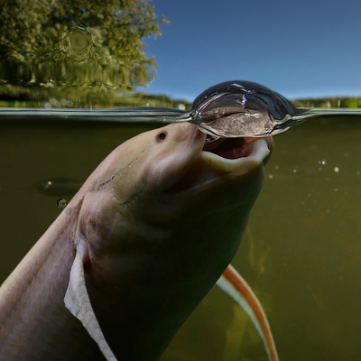 Lungfish taking a breath of air at the surface of a lake