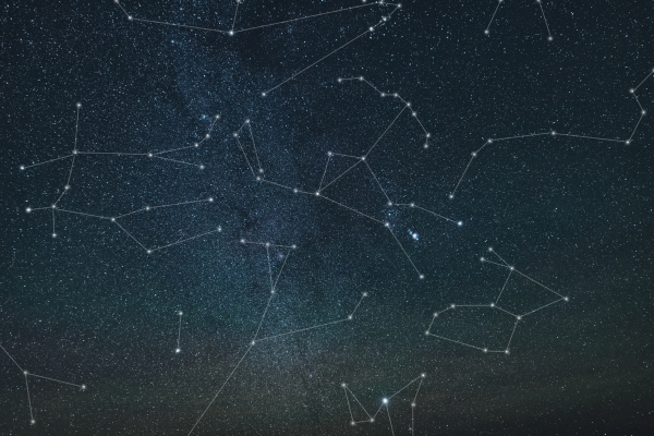 Constellations drawn onto photo of night sky, depicting Orion the Hunter, among others.