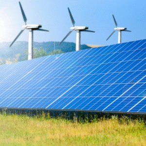 Solar panels with wind turbines behind them.