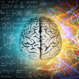 An image of a brain with a chalkboard full of equations on the left side, and squiggly, colorful lines on the right side in the background.