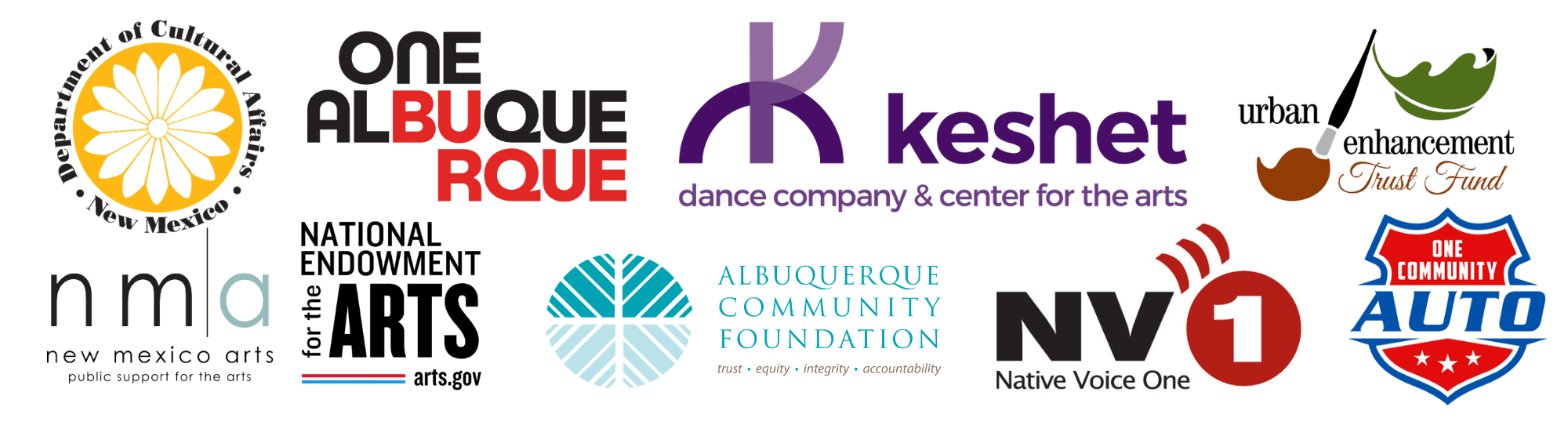 Logos of: Outpost Performance Space, National Endowment for the Arts, United Way of North Central New Mexico, One Albuquerque (City of Albuquerque), National Endowment for the Humanities, New Mexico Children's Fund, New Mexico Arts, New Mexico Department of Cultural Affairs, City of Albuquerque Urban Enhancement Trust Fund, One Community Auto 